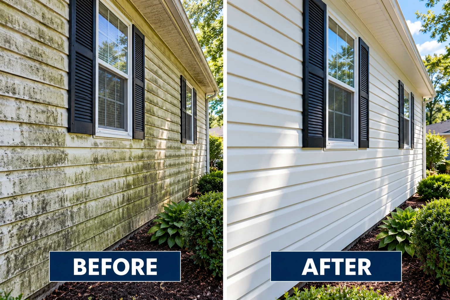 Illustrative aluminum siding cleaning before-and-after comparison