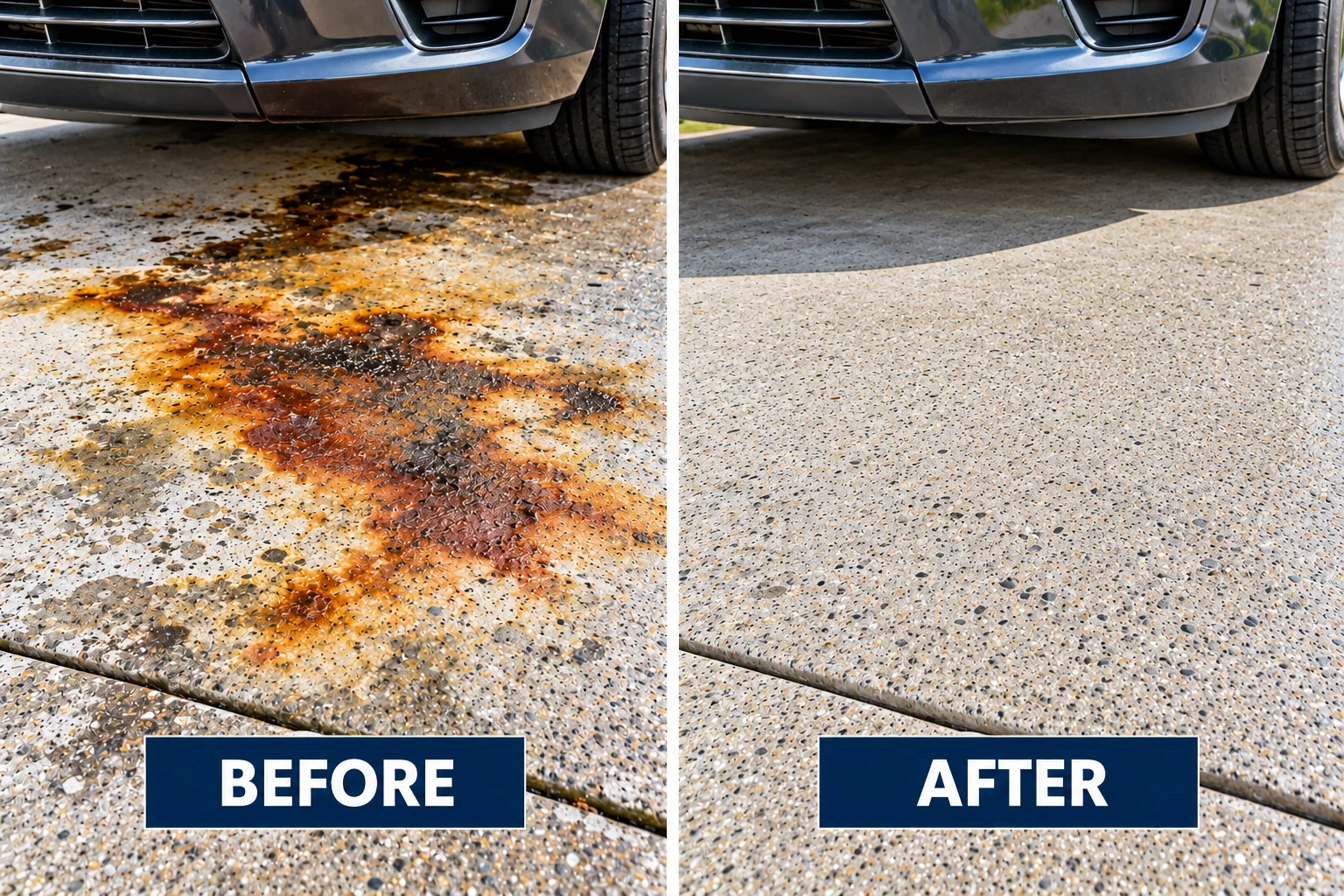 Illustrative battery acid stain removal comparison showing stained concrete before and a cleaner surface after