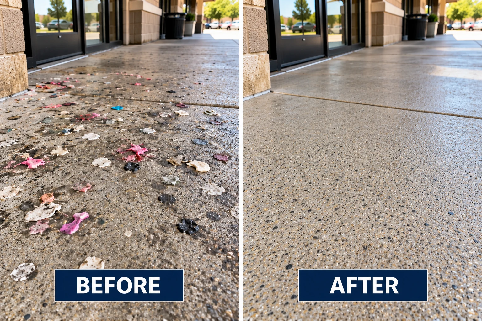 Illustrative chewing gum removal comparison showing spotted pavement before and a cleaner walkway after