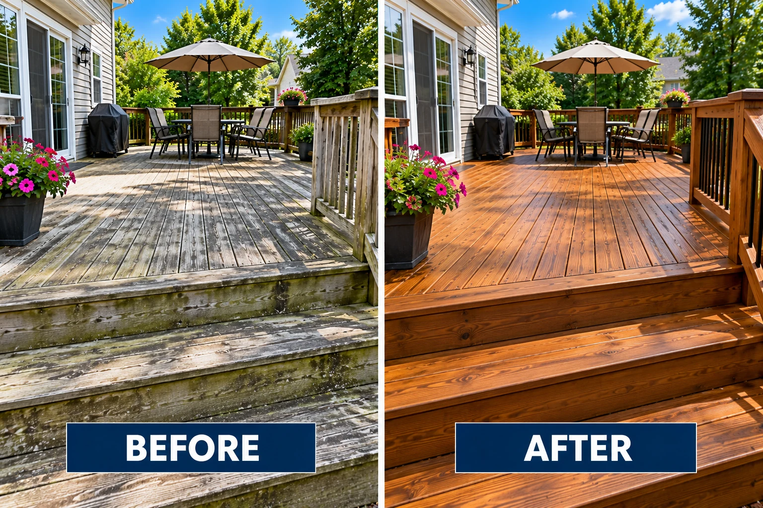 Illustrative before-and-after comparison of deck preparation and staining