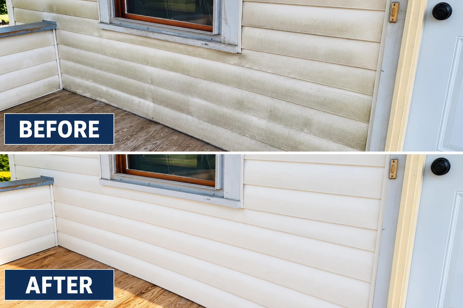 Environmental fallout removal illustration showing dingy siding before and a cleaner exterior after
