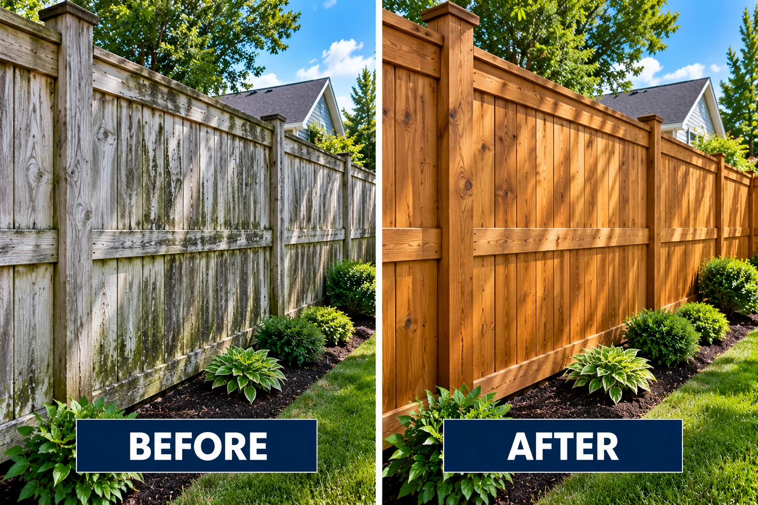 Illustrative before-and-after comparison of a weathered fence and a stained fence