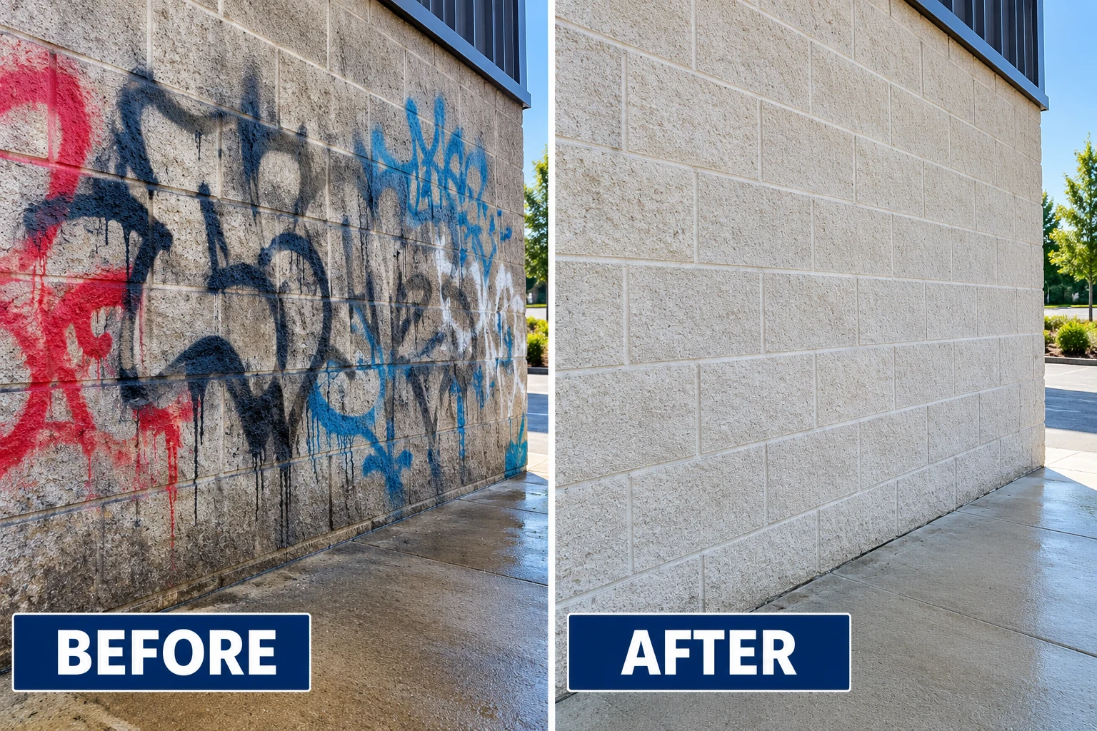 Illustrative graffiti removal comparison showing spray paint and a cleaner masonry block wall