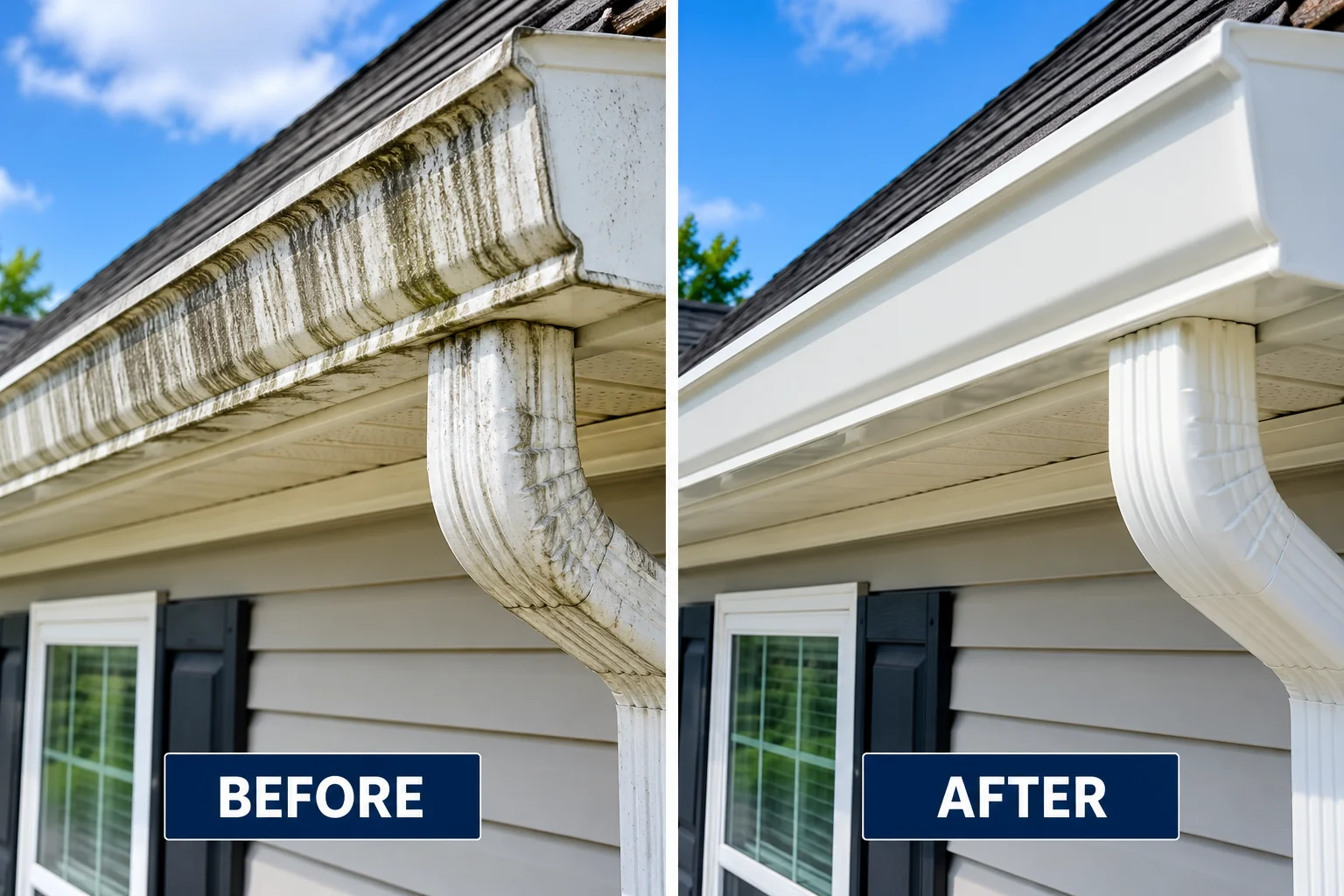 Illustrative gutter brightening comparison showing dark tiger stripes before and a cleaner white gutter after