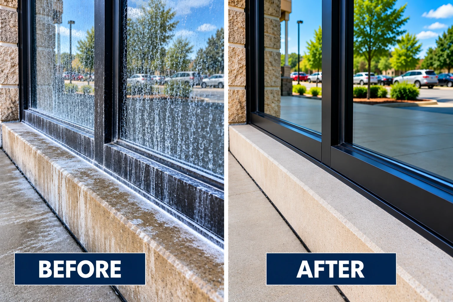 Illustrative hard water stain removal comparison showing cloudy storefront glass before and clearer windows after