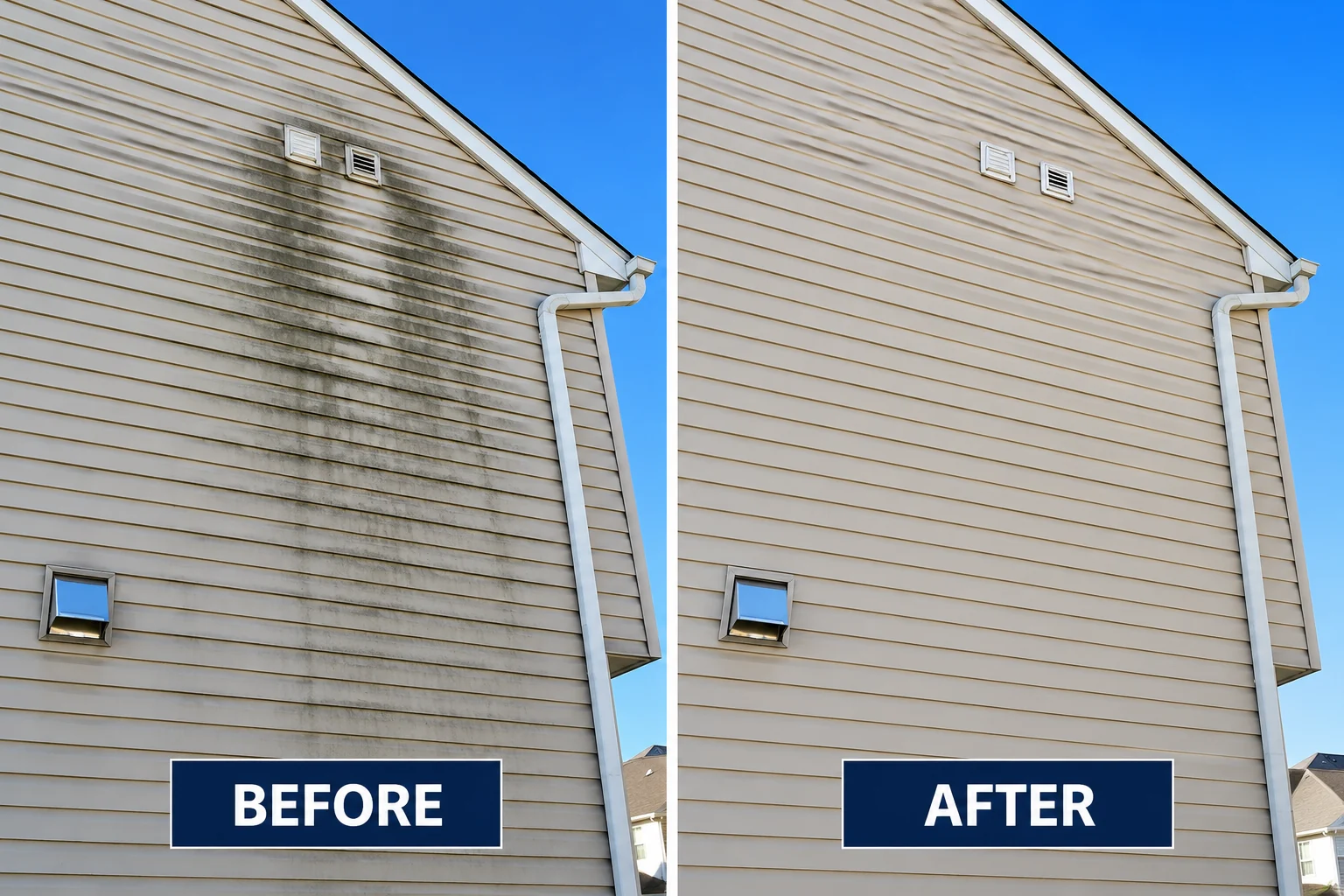 Illustrative cleaning comparison of black streaks on siding around exterior vents