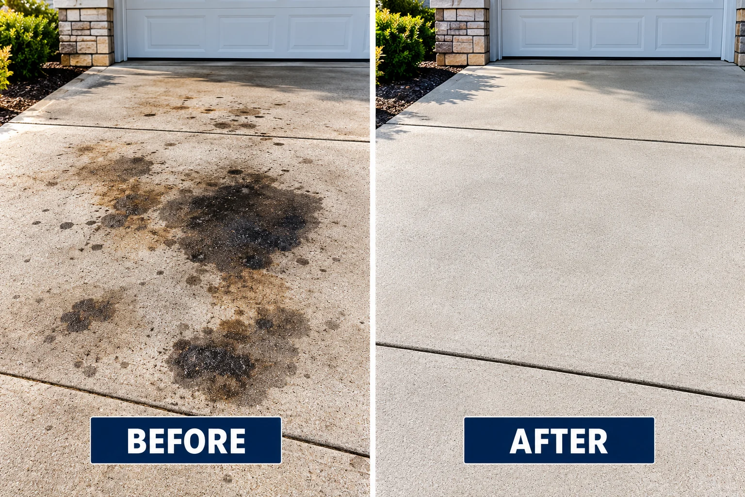 Illustrative oil stain removal comparison showing stained concrete before and a cleaner driveway after