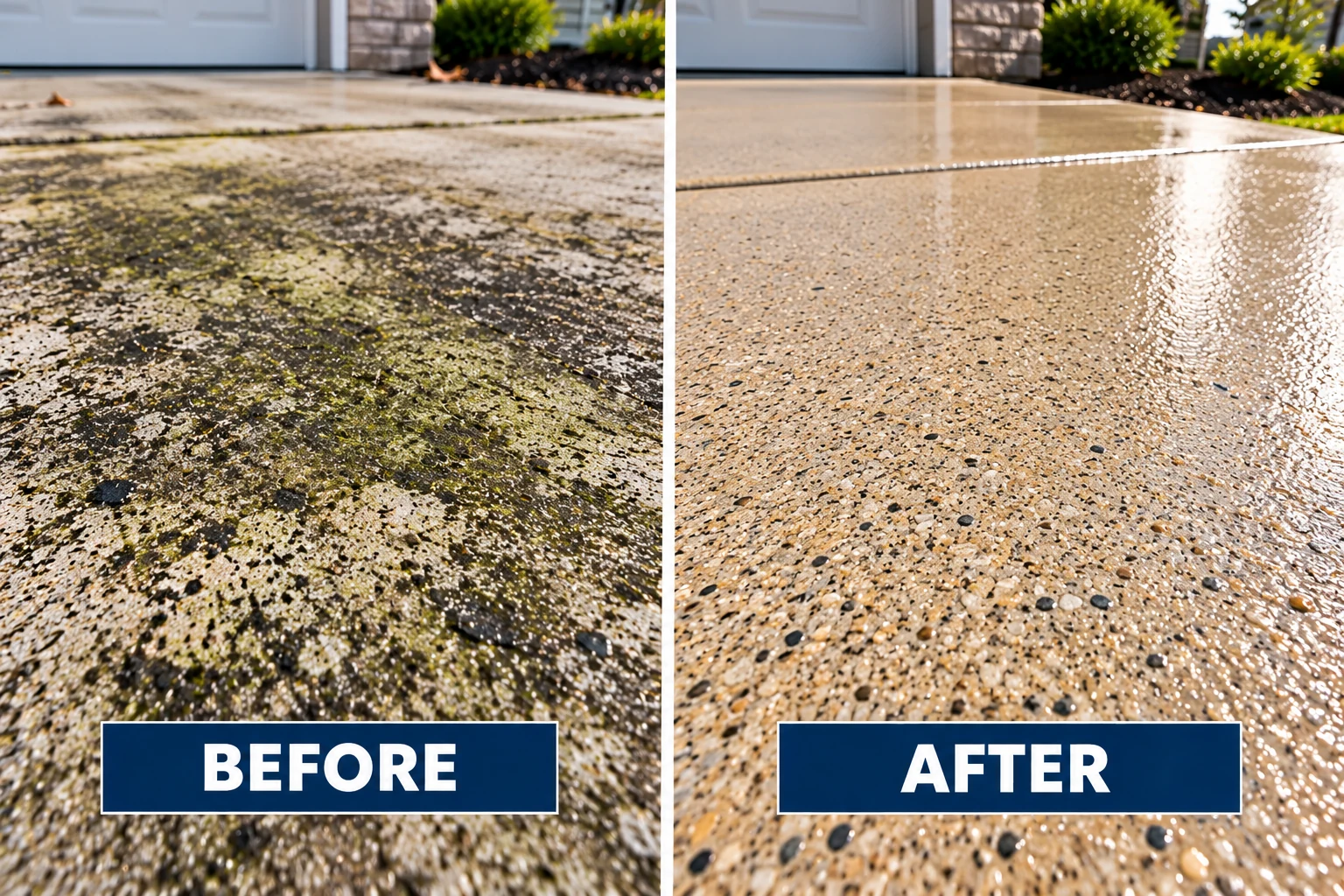 Illustrative close-up comparison of stained residential concrete and a clean concrete surface with an enhanced finish