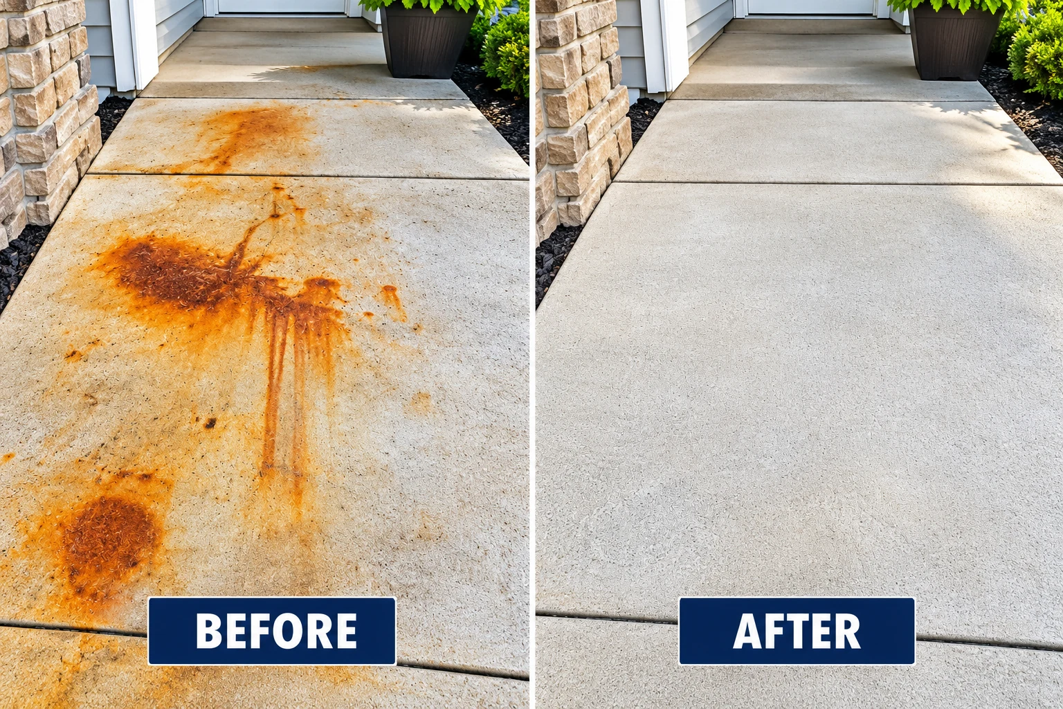 Illustrative comparison of orange rust staining and cleaner concrete