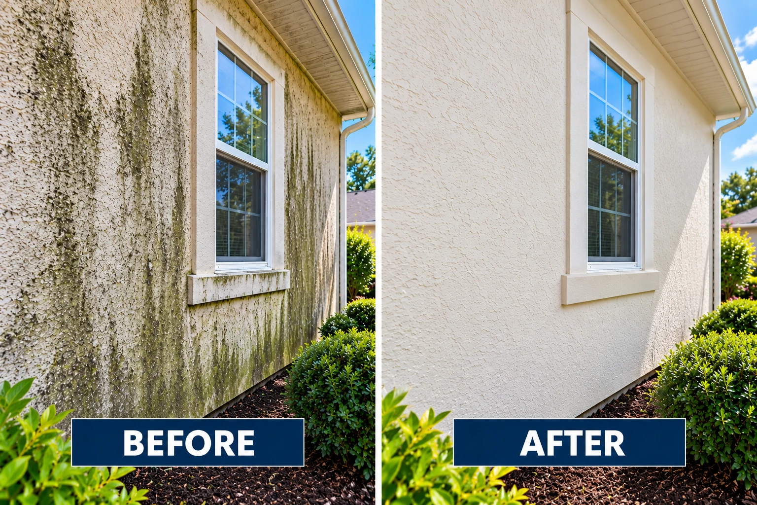 Illustrative stucco cleaning before-and-after comparison