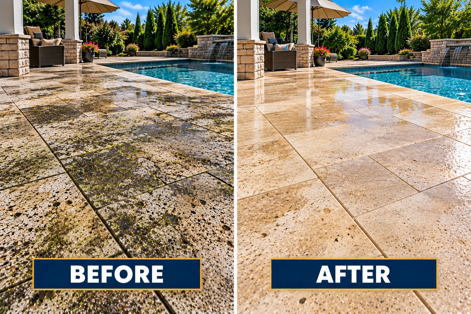 Illustrative before-and-after comparison of travertine stone cleaning around a pool