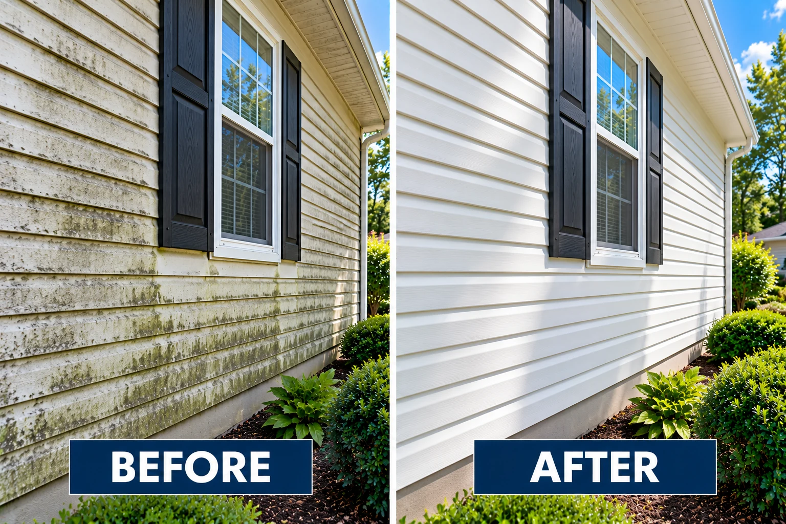 Illustrative house washing comparison showing stained vinyl siding and a cleaner exterior