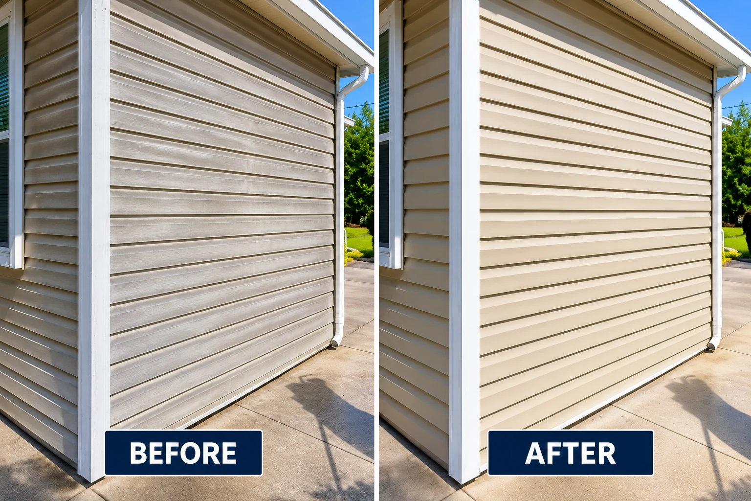 Illustrative siding oxidation removal comparison showing chalky vinyl siding before and a cleaner finish after